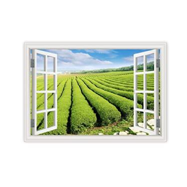 Imagem de Impressão em tela para parede janela lindo jardim de chá 3D falsa janela vista paisagem pintura natureza imagem impressão em tela arte de parede para sala de estar 50 x 75 cm 19,6 x 75 cm sem moldura