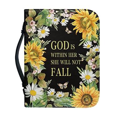 Imagem de GOSTONG Capa de couro para livro bíblico para mulheres bolsa de transporte bolsas de igreja com alça e zíper, Girassol God is Within Her She Will Not Fall, 10.2x7x1.9 in