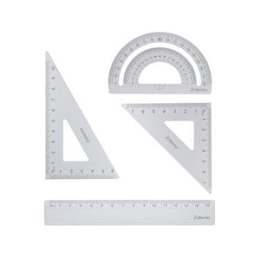 Imagem de Zotemo Conjunto de régua geométrica para estudantes, kit de esboço de matemática de metal de 4 peças com design antiderrapante régua de 15 cm, transferidor de 180° e 2 triângulos para crianças em