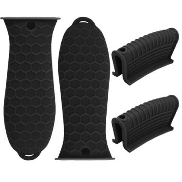 Imagem de HARSKIYER Capa de cabo de ferro fundido, pacote com 4, suportes de alça de panela de material resistente ao calor, manga antiderrapante para frigideiras de ferro fundido, frigideiras de metal (preto)