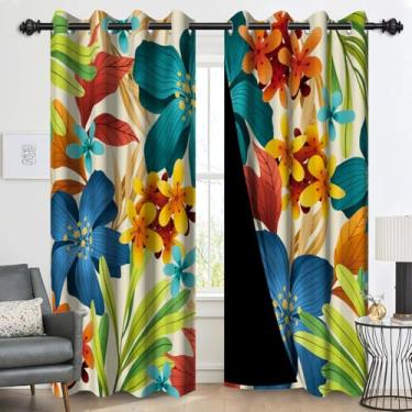 Imagem de Cortinas blecaute florais 100% para quarto, cortinas pretas com flores vintage coloridas para sala de estar, ilhós, isolamento térmico, escurecimento de quarto, cortinas de janela em aquarela, 2