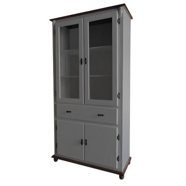 Imagem de Cristaleira De Madeira 2 Portas 3 Prateleiras 1 Gaveta Pés Torneados - Cinza Laca Com Tampos E Base Imbuia Glazer