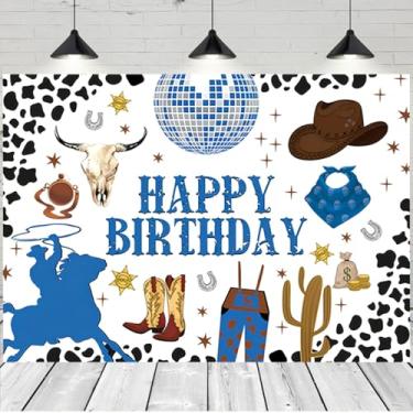 Imagem de Banner de boia ocidental feliz aniversário pano de fundo cowboy chá de bebê fundo de vaca rodeio ocidental chapéu cacto cavalo foto fundo adereços (B, 5X3FT)