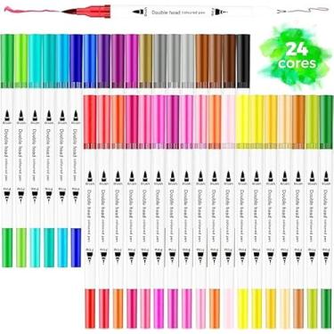 Imagem de Caneta Brush Pen Ponta Dupla Kit 24 Cores 2 em 1, Pontas Pincel e Fina, Canetinha Colorida para Lettering, Escolar, Desenho, Caligrafia, para Colorir e Detalhes