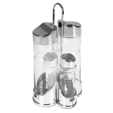 Imagem de Galheteiro Vidro De Mesa 5 Pecas Suporte Kit Azeite Vinagre Sal Tempero Cozinha Bar Restaurante Portatil Cromado