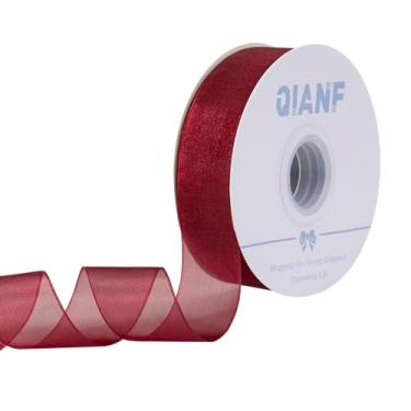 Imagem de QIANF Fita de organza transparente borgonha de 2,5 m, fita de tule para convites de casamento, buquês de flores de noiva, embrulho de presente para chá de bebê, decoração de árvore de Natal, laços