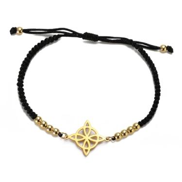 Imagem de UNIFT Pulseira de nó de bruxa para mulheres e homens, aço inoxidável, mágica, bruxaria, nó de bruxa, com uma miçanga, trama colorida, joia Wiccan ajustável (ouro B)