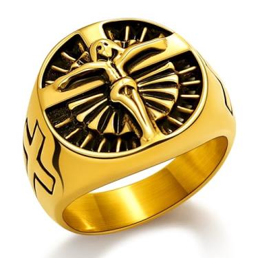 Imagem de Hoyazvet Anel de cruz de Jesus para homens - Aço inoxidável/ouro/joia religiosa preta - Presente de batismo cristão para ele, tamanho 7-13, Metal, Sem pedra preciosa