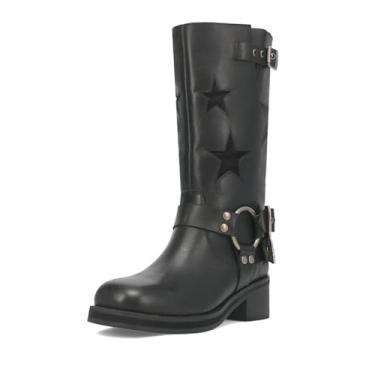 Imagem de Goolita Botas femininas de motociclista com fivela bico quadrado salto grosso estrela Moto cano médio bota de equitação de motocicleta, Preto, 39