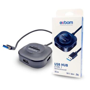 Imagem de Hub USB 3.0 com Leitor de Cartão SD ou MicroSD 5 Portas UHR33 - Exbom