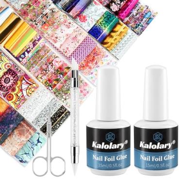 Imagem de Kalolary Gel de cola de folha de unha de 30 ml com conjunto de adesivos de transferência de folha de 80 peças, adesivos de transferência de arte de unhas holográficos, decoração DIY para salão de