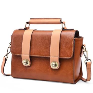 Imagem de Bolsa feminina de couro legítimo: Bolsa carteiro vintage - Bolsa de ombro feminina para viagens e trabalho, Amarelo