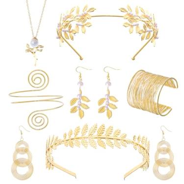 Imagem de YKYUASD 9 peças de acessórios de deusa grega para mulheres, coroa de folha de louro romano dourado, faixa de cabeça, braço, pulseira, brincos de pérola, colar, cinto de cintura Toga, bijuteria de