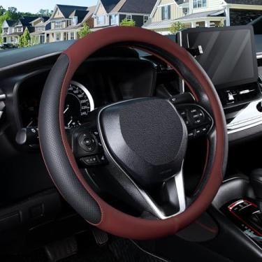 Imagem de SEG Direct Capa de volante para rodas de 37 a 38 cm, couro sintético respirável com laterais perfuradas, aderência antiderrapante, ajuste universal para carros e SUVs, preto e vinho