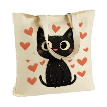 Imagem de ANNA QUEEN Sacola de lona, 35 x 40 cm, bolsa de ombro reutilizável, algodão poliéster, estilo casual, Love Black Cat, 13.7 X 15.7 Inches