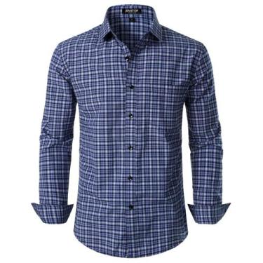 Imagem de Camisa masculina JEMITOP de manga comprida, justa, xadrez, azul escuro