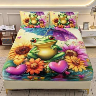 Imagem de AILONEN Jogo de lençol com elástico fofo de sapo para crianças, adolescentes, forg verde com guarda-chuvas, tamanho Queen, conjunto de lençóis de anfíbio tropical, 1 jogo de lençol e 2 fronhas, 3