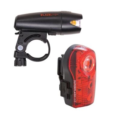 Imagem de Planet Bike Conjunto de luzes de bicicleta Blaze 210 SL e Superflash, dianteiro e traseiro, recarregável por USB, luz branca e traseira vermelha, luz lateral âmbar no farol, lanterna de bicicleta