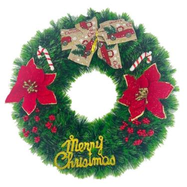 Imagem de Guirlanda de Natal dourada com glitter de 38 cm com flores vermelhas de poinsétia artificial, laço de Natal para porta, parede, janela, lareira e decorações de feriado