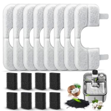 Imagem de Pacote com 8 filtros de substituição e 8 esponjas de filtro de bomba para Qinliy Q108 3,5 g/3,5L de substituição de filtro de fonte de água para gatos de aço inoxidável