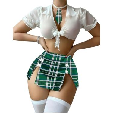 Imagem de Avidlove Conjunto de lingerie para mulheres, roupas de colegial, fantasia de malha transparente e minissaia com tanga, Branco e verde, GG