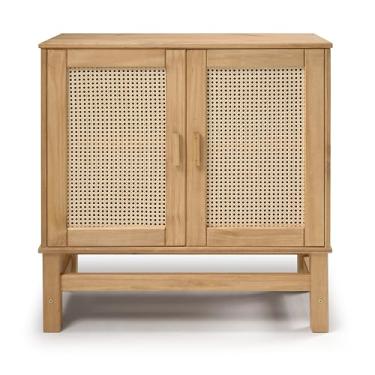 Imagem de Balcão Buffet 2 Portas em Madeira Maciça e Rattan Natural, Estilo Rústico, para Sala e Cozinha