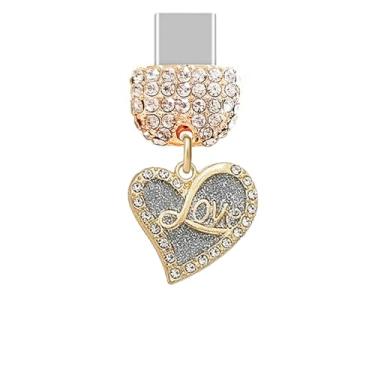 Imagem de ELISE & FONDA TP871 Tipo-C Porta de carregamento Cristal Antipoeira Plug Little Love Heart com glitter para celular iPhone 15/16/Samsung/OnePlus/Xiaomi/oppo telefones Android (cinza)