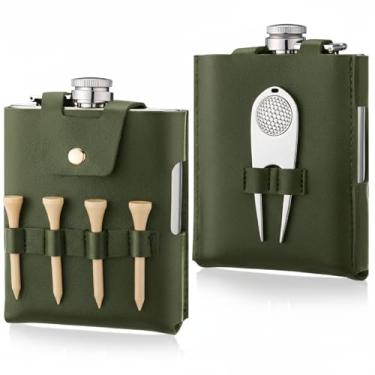 Imagem de Remerry Conjunto de garrafa de golfe de aço inoxidável de 200 ml com estojo de couro, acessórios de golfe para homens e mulheres, inclui garrafa de bebida, marcador de bola e 4 camisetas (verde