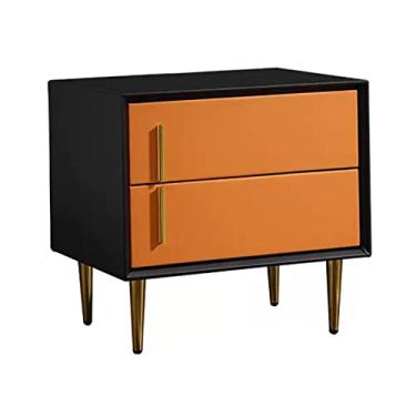 Imagem de Mesa de cabeceira moderna para quarto mesa de cabeceira de madeira luxuosa 2 gavetas de armazenamento mesa lateral de cama com acabamento de couro sintético mesas de cabeceira (preto + laranja) mesa