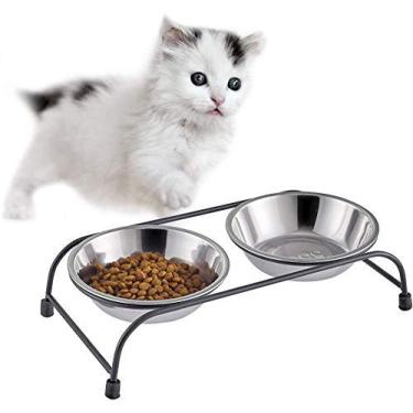 Imagem de Pratos de alimentação dupla para animais de estimação, tigelas de água e comida de aço inoxidável com suporte de ferro, tigela dupla para animais de estimação para cães e gatos pequenos, P (grande)