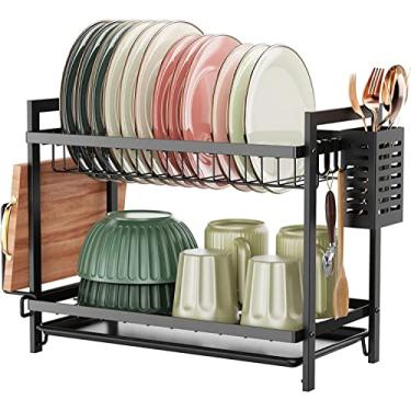 Imagem de AKALNNB Escorredor de louça, conjunto de escorredor de pratos de aço inoxidável de 2 níveis, suporte de utensílios, suporte de tábua de corte, escorredor de pratos para balcão de cozinha, economia de
