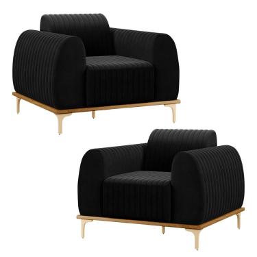 Imagem de Kit 2 Poltronas Decorativas Sala de Estar Base de Madeira Euro Veludo Preto - Gran Belo