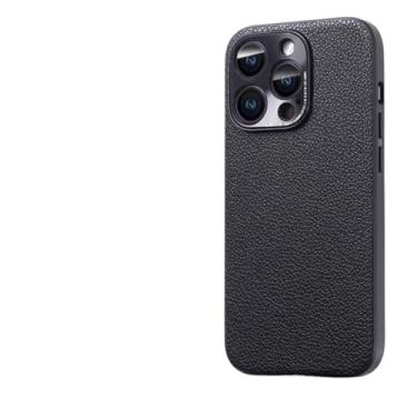 Imagem de Capa de couro com padrão de lichia para iPhone 15 Pro Max 14Plus 14 13 12 11 Pro Capa protetora de lente de câmera de metal, preta, para iPhone13