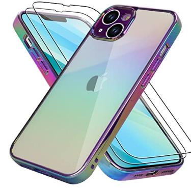 Imagem de Bonoma Compatível com iPhone 13 capa brilhante a laser fluorescente cristal iridescente luxuosa capa protetora para câmera + 2 protetores de tela à prova de choque com borda antiderrapante - roxo