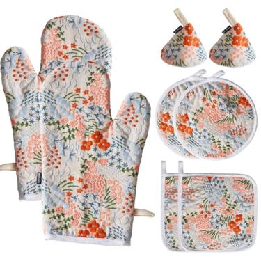 Imagem de Hausfrau Conjuntos de luvas de forno jacquard bordadas e suportes de panela com capa de cabo de ferro fundido, 8 peças, luvas de cozinha florais vintage resistentes ao calor, luvas de forno para assar