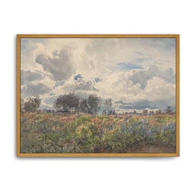 Imagem de Iknostine Arte de parede emoldurada para decoração de tela impressões vintage pintura aquarela flor campo paisagem folhagem grama verão árvores campo francês arte para banheiro casa sala de estar