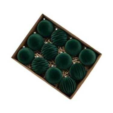 Imagem de shamjina 12 peças de enfeites de bola de Natal flocados, enfeites decorativos com alça para pendurar, decorações para árvores de Natal de 6 cm para teto, Verde Escuro
