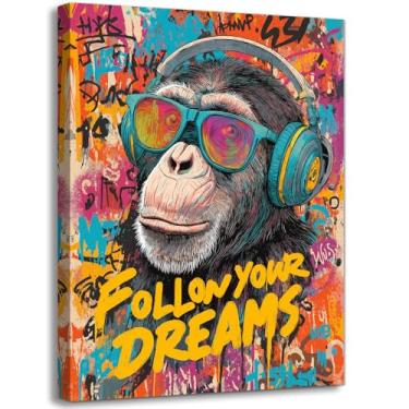 Imagem de Halioyo Arte de parede em tela de macaco hip hop - decoração de sala de música em estilo grafite vibrante, pintura abstrata moderna de macaco para sala de estar, quarto, sala de jogos, escritório (30