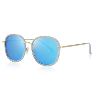 Imagem de Óculos de sol polarizados para mulheres, retrô, grandes, hastes metálicas, Azul espelhado, Lens Width: 53 Millimeters