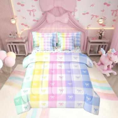 Imagem de Jogo de edredom casal com desenho animado com laço e laço rosa, princesa para decoração de quarto feminino, quadriculado em aquarela, lençol com elástico com 2 fronhas, 2 fronhas