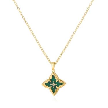 Imagem de Colar feminino de trevo de zircônia cúbica banhada a ouro 14 K - Joia delicada, colorida e da sorte, pingente ajustável, Adjust, Latão, Zircônia cúbica