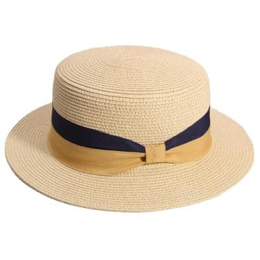 Imagem de Chapéu de palha feminino de verão de topo plano, chapéu de proteção solar, chapéu de proteção solar, para viagem, férias, bege, ajustável, 56-58 cm