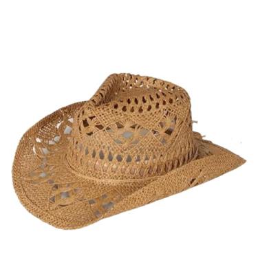 Imagem de Chapéu de palha de cowboy de crochê feminino masculino cor sólida aba larga chapéu de sol vazado boné de vaqueira cáqui 56 a 58 cm