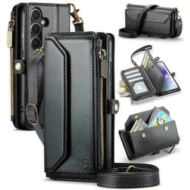 Imagem de Strapurs Capa tipo carteira transversal para Samsung Galaxy A55 5G 【bloqueio RFID】 com compartimento para notas com zíper para 10 cartões, alça de ombro magnética de couro sintético macio para Galaxy