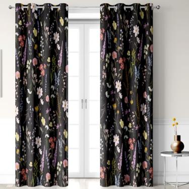 Imagem de Cortina blecaute floral boho, folhas de flores coloridas, natureza, botânica, preta, escurecimento, isolamento térmico, cortinas de janela para decoração de sala de estar, quarto, 2 painéis 132 x 213