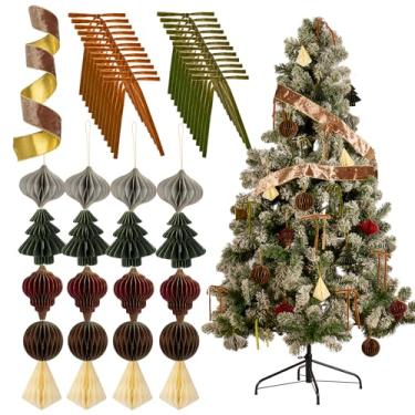 Imagem de O conjunto de 49 peças de enfeites de colmeia de papel de Natal inclui 24 lanternas de favos de mel com borda de glitter 3D, 24 laços de veludo, fita vintage de 1,5 m, decoração neutra para pendurar