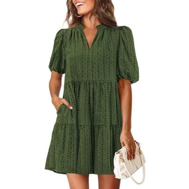 Imagem de Vestido KIRUNDO Eyelet Summer para mulheres V Neck Shift, verde milita