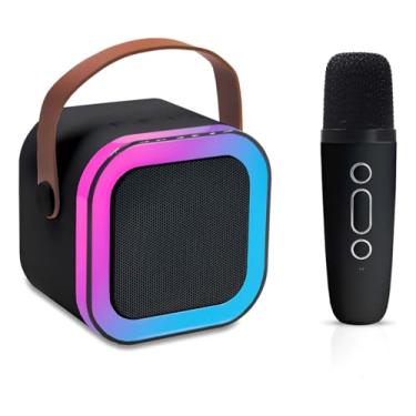 Imagem de Mini Caixa de Som Portátil com Microfone Bluetooth, RGB LED, 5W, Bateria 1200mAh, Dimensões 9x9x7cm, Conexão Bluetooth 5.0, Karaokê, com Controle de Volume e Efeitos de Voz (Preto)