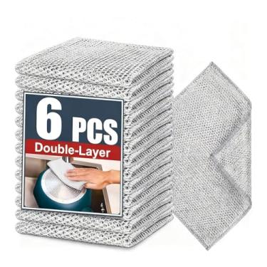 Imagem de PRINKROOMY Pano de limpeza de fio de aço de camada dupla - pano de prato de pano de prato sem arranhões Almofadas de esfregão de malha prateada multiuso para pratos, panelas, frigideiras (6 peças)