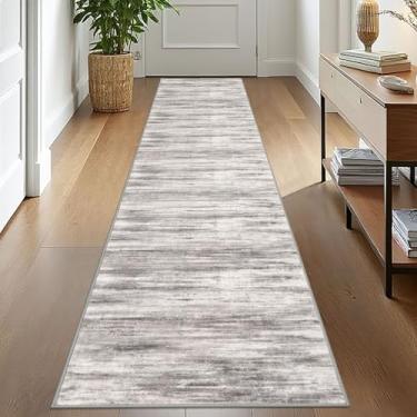 Imagem de KOZYFLY Tapete de corredor de cozinha abstrato moderno, 5 x 25 cm, lavável, antiderrapante, macio, listrado, corredor, tapete com estampa cinza bege para entrada, banheiro, lavanderia, hall de entrada